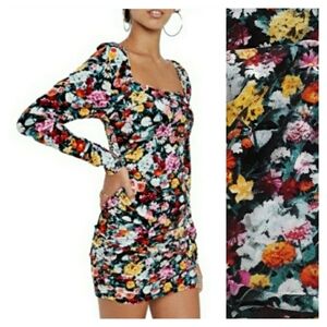 WILD FABLE Velvet Colorful Floral Print Ruching Black Dress XSmall NWT